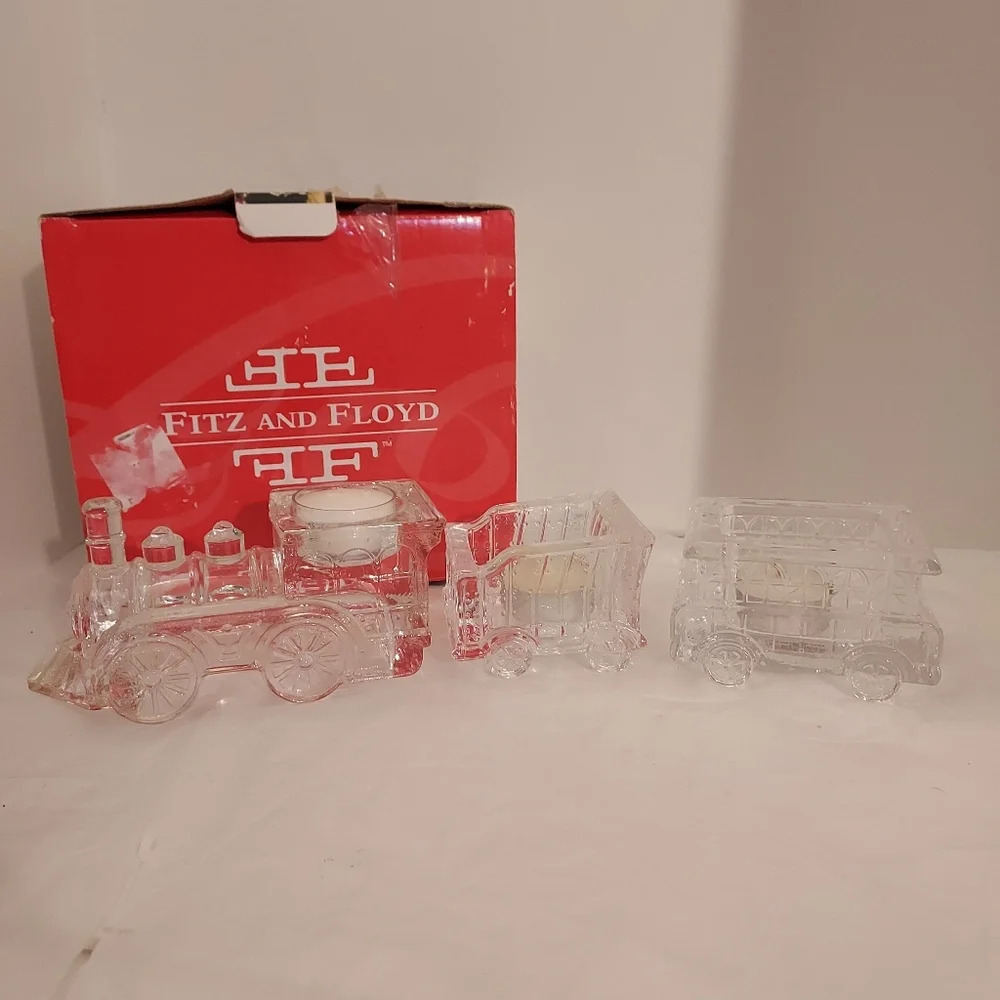 Fitz and Floyd 3 Piece Crystal Holiday Train Votive - In Original Box